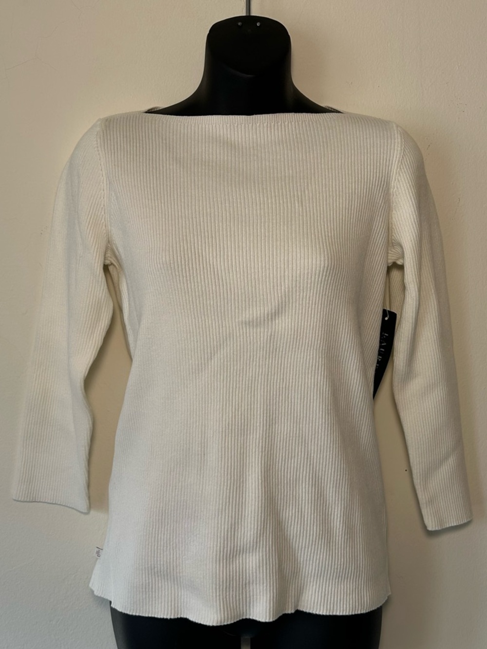 Ralph Lauren Cream Ribbed Boatneck Long Sleeve Top
